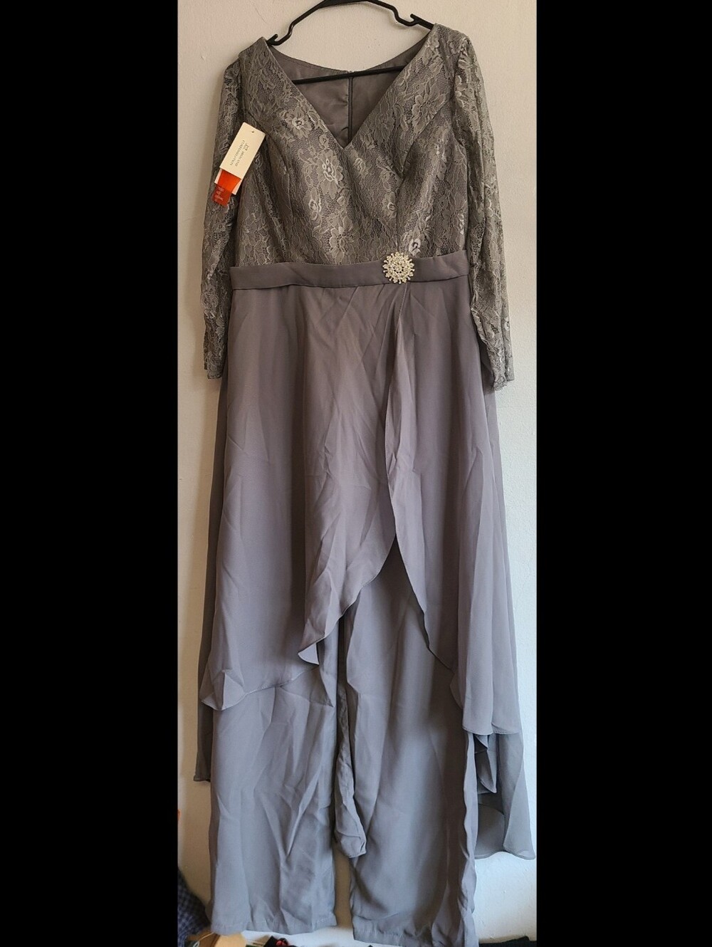 New women's large formal romper dress gray v-neck long sleeve lace top w/overlay